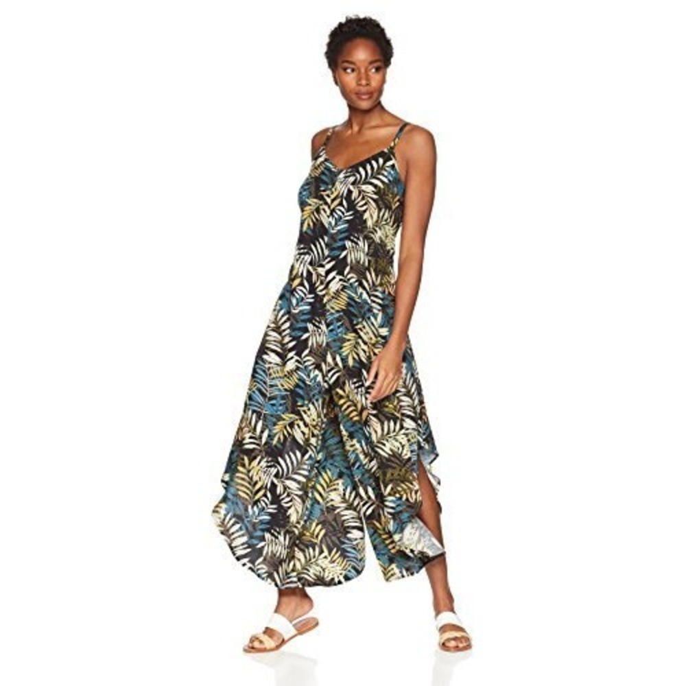 Sam‎ and Jess 4G Tropical Leaf Print Wide Leg Cagw Back Jumpsuit Women's Size L